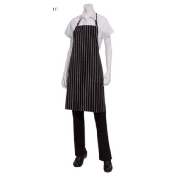 Chef Works - Bib Apron, 34-1/4"L x 27"W, patch pocket, 65/35 poly/cotton, black with stripes