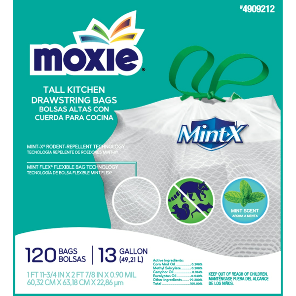 MOXIE 13-Gallon Mint White Indoor Plastic Kitchen Drawstring Trash Bag 120 -Count