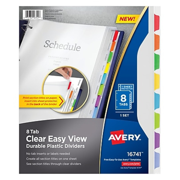 Avery 16741 Multicolor 8-Tab Easy View Blank Plastic Dividers Set