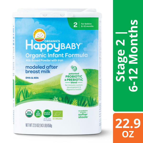 Happy Baby Organics Organics Stage 2 Infant Formula, 6-12 Months, Milk Based Organic Baby Formula Powder with Iron, Probiotics & Prebiotics for Immune & Digestive Support, 22.9 Ounce (Pack of 1)