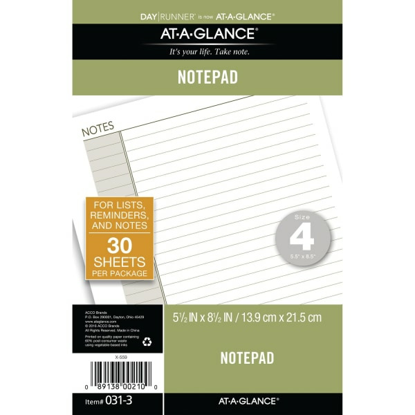 At-A-Glance 031-3 5.5"W x 8.5" Narrow Ruled White Notepad Refill