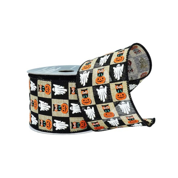 Celebrate It Halloween Check Wired Faux Linen Ribbon, 2.5 in x 6.6 yd