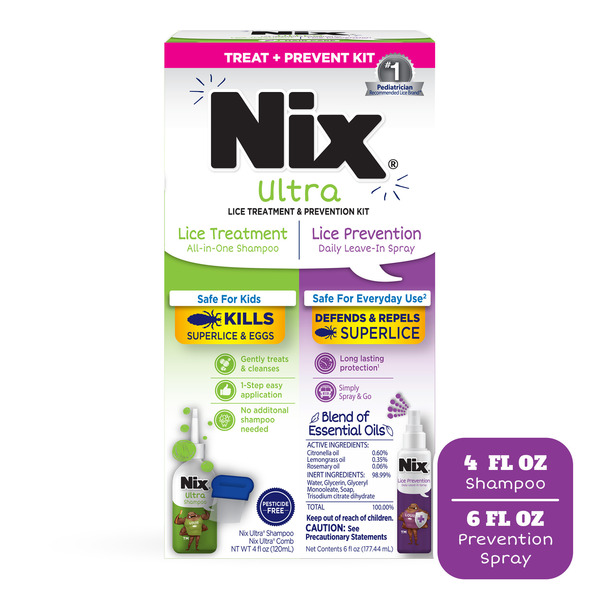 Nix Ultra Lice Treatment & Prevention Kit (First Aid SKU) Comb, 4oz Ultra Shampoo & 6oz Prevention Spray Unscented