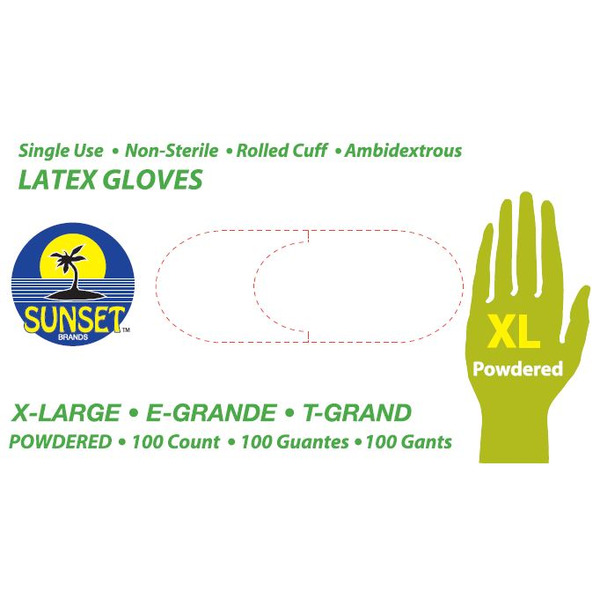 Sunset - Latex Gloves with Powder, Size Extra Large - 100 ct