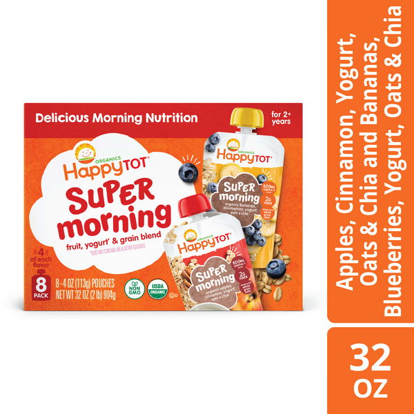 Happy Tot Organics Super Morning 2-Flavor Variety Pack, Stage 4, Organic Bananas, Blueberries, Yogurt, Oats & Chia, Organic Apples, Cinnamon, Yogurt, Oats & Chia, 4 oz Pouches (Pack of 8)