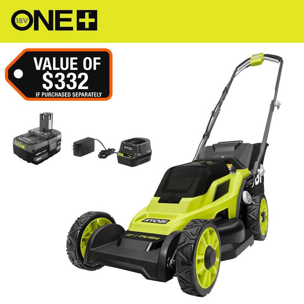 Ryobi One+ 18v 13 In. Cordless Battery Walk Behind Push Lawn Mower With 4.0 Ah Battery And Charger