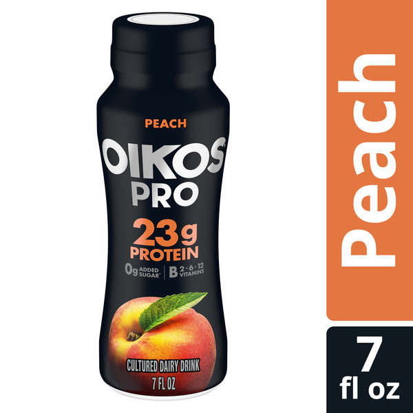 Oikos Pro 23g Protein, Peach Cultured Dairy Drink, 0g Added Sugar, Convenient High Protein Snacks for School, Office, Gym, 7 fl oz Bottle​