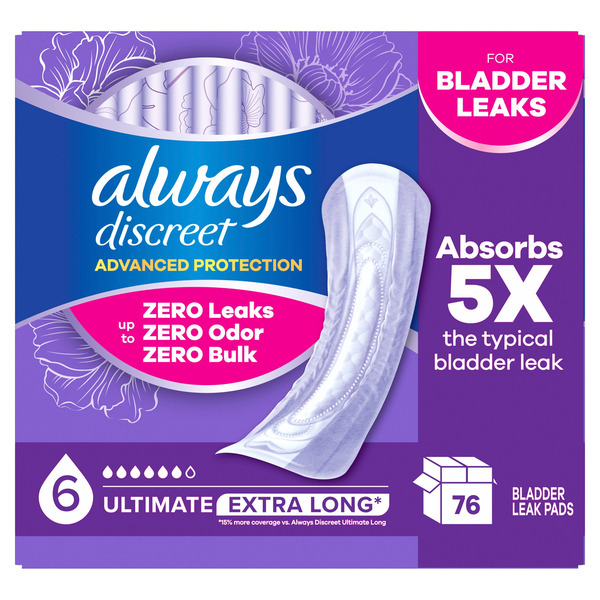 Always Discreet Advanced Protection Incontinence Pads for Women, Ultimate Absorbency, Extra Long,