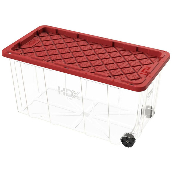 HDX 77 Gal. Tough Storage Tote With Wheels In Clear With Red Lid