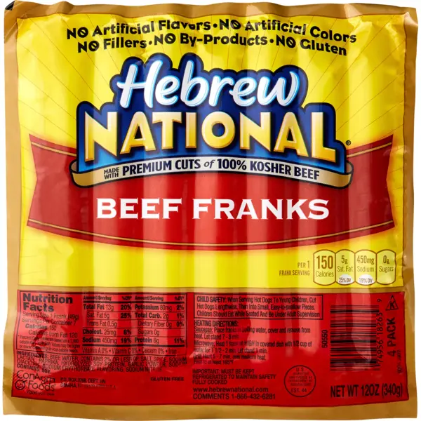 Hebrew National 100% Kosher Beef Franks, 12 oz, 4 ct Same-Day