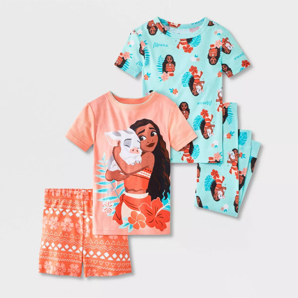 Moana Toddler Girls' 4-Piece Cotton Snug Fit Pajama Set, 5T - Coral/Blue