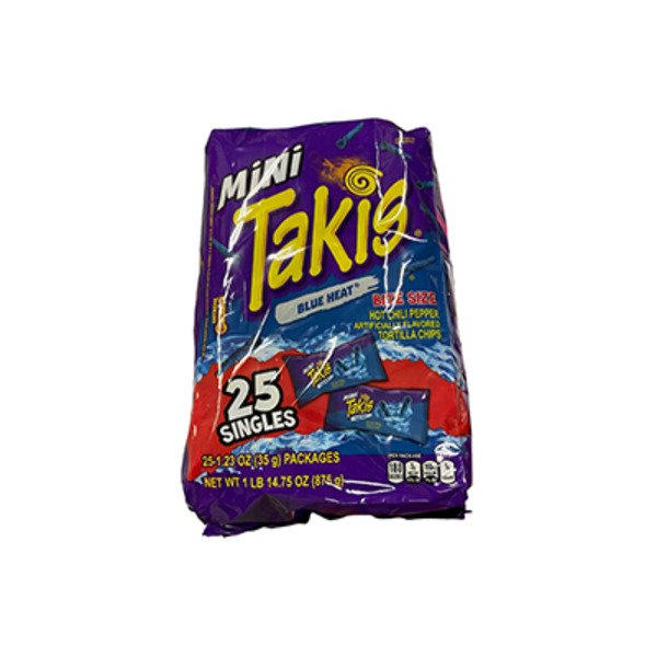 Takis Blue Heat Mini 25 pc / 1.23 oz Bite Size Multipack, Hot Chili Pepper Flavored Extreme Spicy Rolled Tortilla Chips