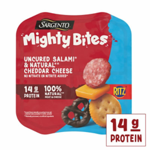 Sargento Mighty Bites™ Uncured Salami, Natural Mild Cheddar Cheese, RITZ® Mini Crackers, & Milk Chocolate Covered Pretzels Snack Kit, 2.8 oz