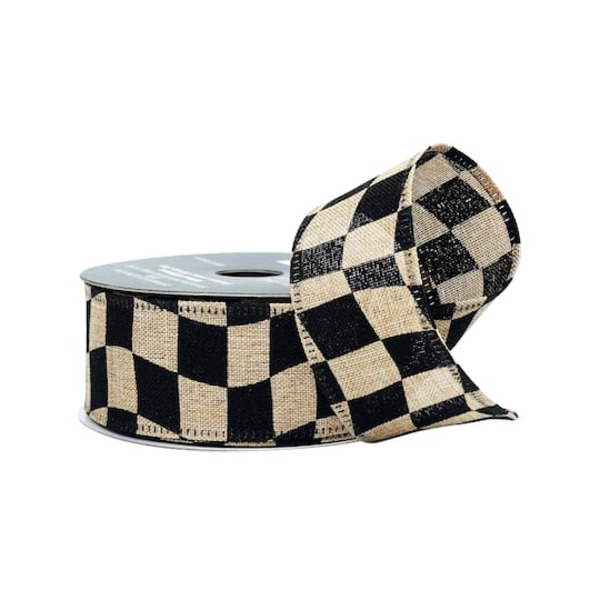 Celebrate It Wavy Black Check Wired Faux Linen Ribbon, 1.5 in