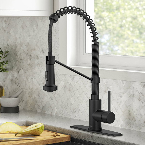 Kraus Bolden Matte Black Single Handle Deck-mount Commercial Pull down with Sprayer (Includes Deck Plate)