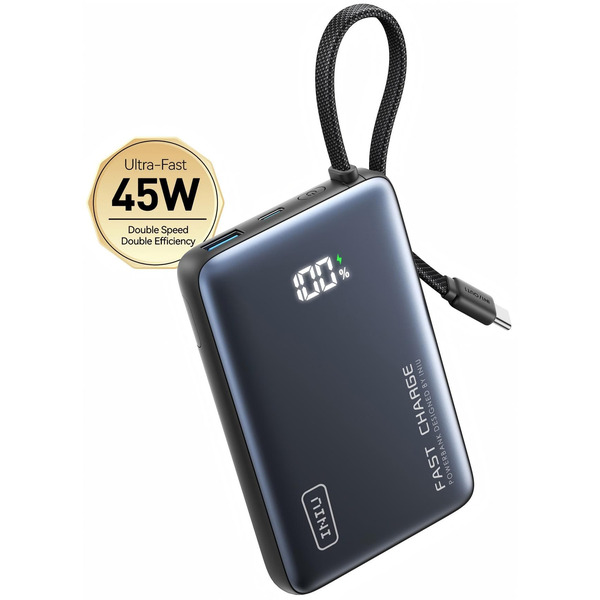 INIU Portable 10000mAh 45W PD Power Bank with Built-In Cable & Digital Display - Black