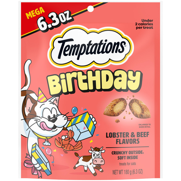 TEMPTATIONS Birthday Crunchy and Soft Cat Treats Lobster and Beef Flavors, 6.3 oz. Pouch