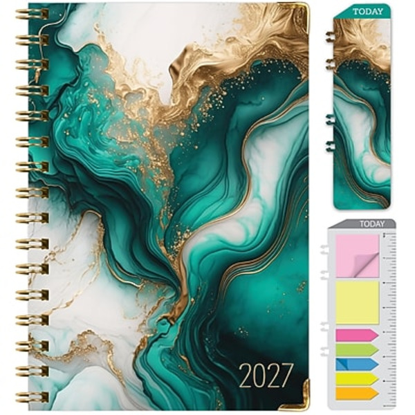 Excello Brands 2027 Weekly & Monthly Planner, 5.5 x 8 in, Paperboard Cover - Teal Gold Marble