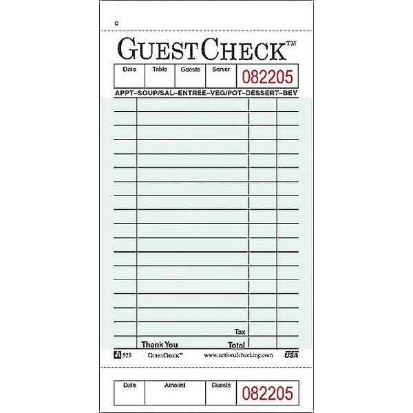 National Check - #525 - Guestcheck, Board 1 Part Green 18 Line - 50 ...