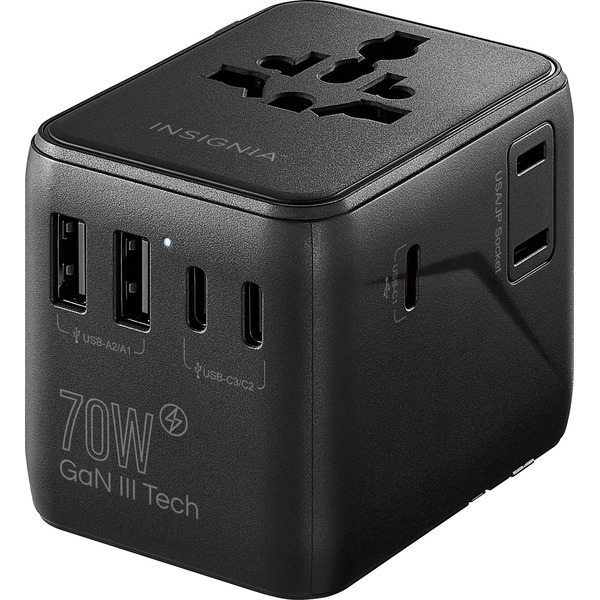 Insignia 70W Travel Adapter With 2 AC Outlets, 3 USB-C Ports & 2 USB Ports - Black