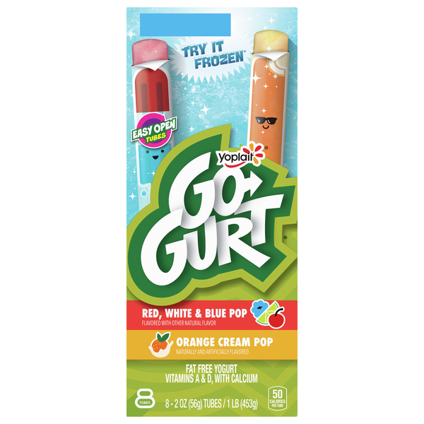 Go-Gurt Yogurt, Fat Free, Orange Cream Pop/Red, White & Blue Pop