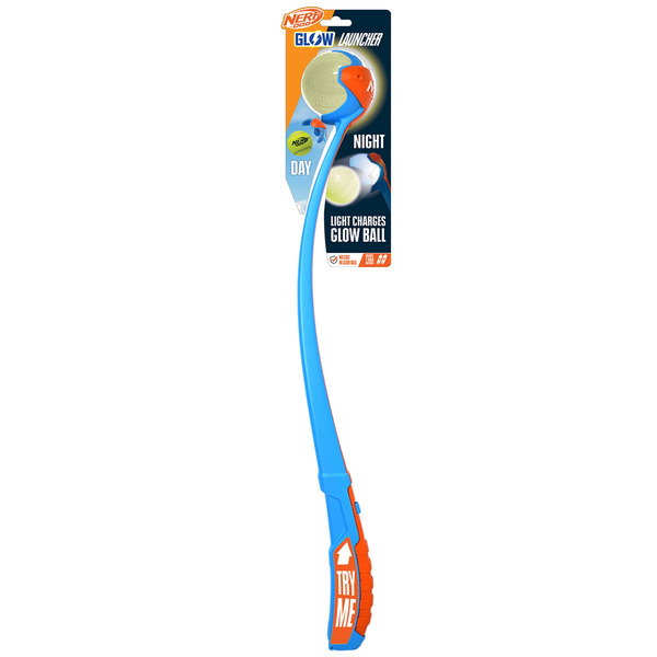 Nerf Translucent Glow LED Air Strike 2 AAA Batteries TPR Lightning Glow Ball Dog Toys - Blue & Orange