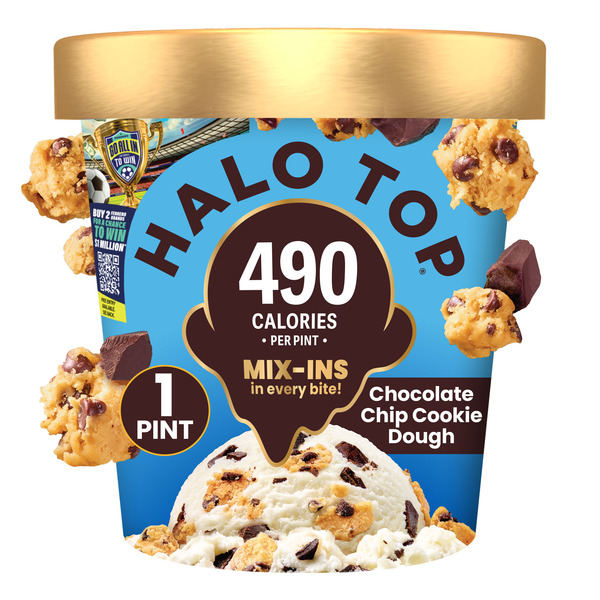 Halo Top Chocolate Chip Cookie Dough Light Ice Cream, Lower Calorie Frozen Dessert Pint, 16 fl oz