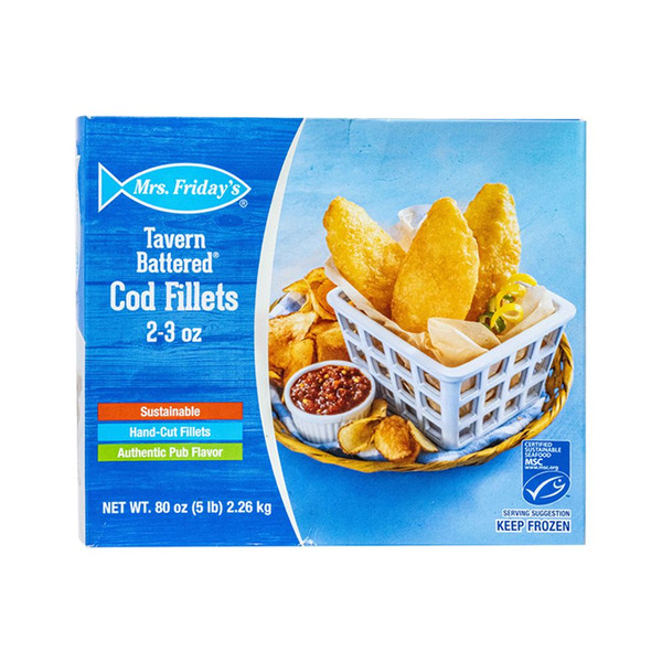 Frozen Mrs Fridays Tavern Battered Cod, 2-3 oz fillets, 5 lb box
