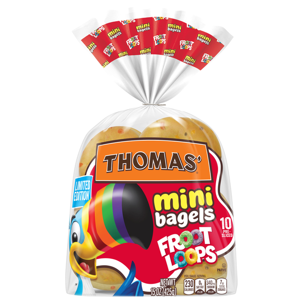 Thomas’ 10 count, Froot Loops Pre-sliced Mini Bagels