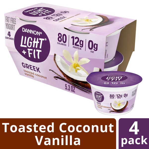 Dannon Light + Fit Greek Toasted Coconut Vanilla Fat Free Yogurt, 4 Ct, 5.3 oz Cups