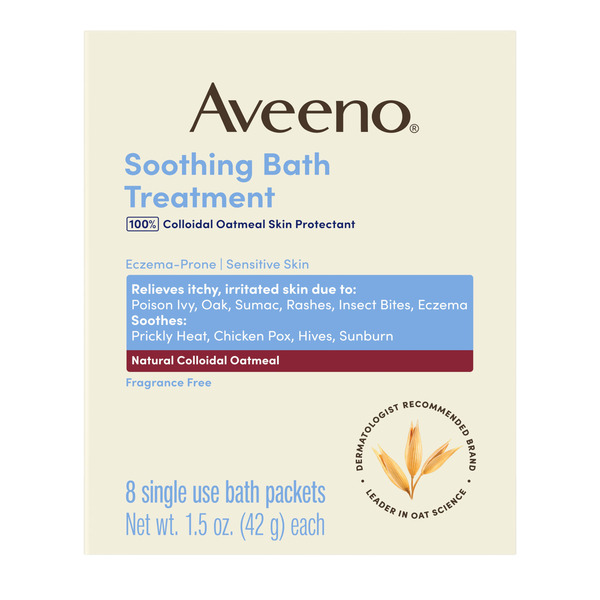 Aveeno Soothing Oatmeal Bath Treatment 8 × 1.5 oz packets product package