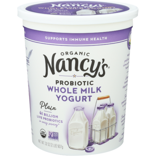 Nancy's Organic Probiotic Whole Milk Plain Yogurt in a white-and-purple 32-ounce tub