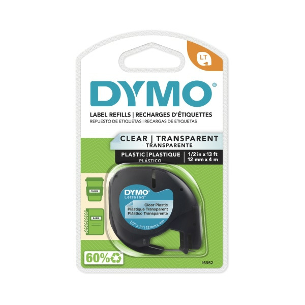 DYMO 12mm Black on Clear LetraTag Label Tape