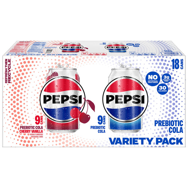 Pepsi Prebiotic Cola Variety Pack, 12 fl oz, 18-count