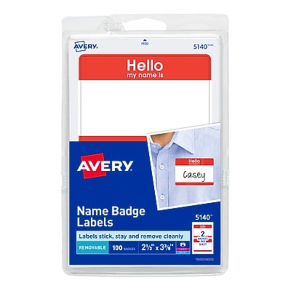 Avery 5140 2-1/3" X 3-3/8" White With Red  Border Hello Sticker Name Badge Labels Pack