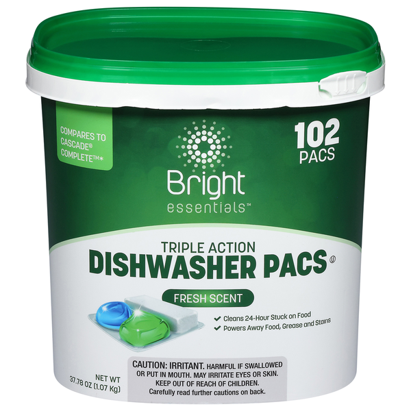 Bright Essentials Dishwasher Pacs, Fresh Scent, Triple Action Same