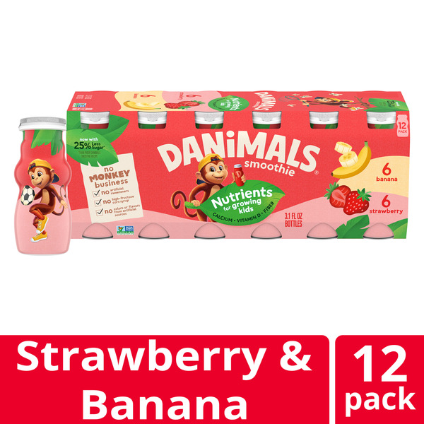 Danimals Smoothie Strawberry and Banana Split Low Fat Dairy Drink Multi-Pack, Creamy and Delicious Snacks for Kids, 12 Ct, 3.1 fl oz Smoothie Bottles