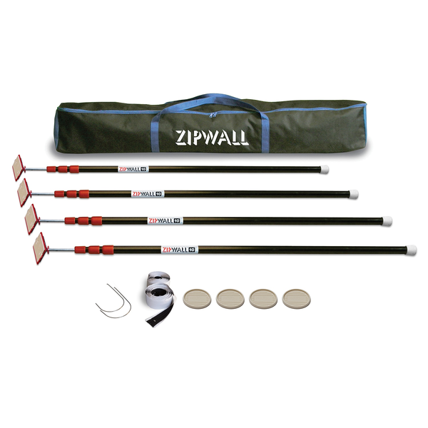 ZipWall Tarp Arm Kit Dust Barrier Kit - Four 10-ft poles with parts (heads, plates, and FloorGrip pads), two self-adhesive zippers with flap hooks, and a carry bag