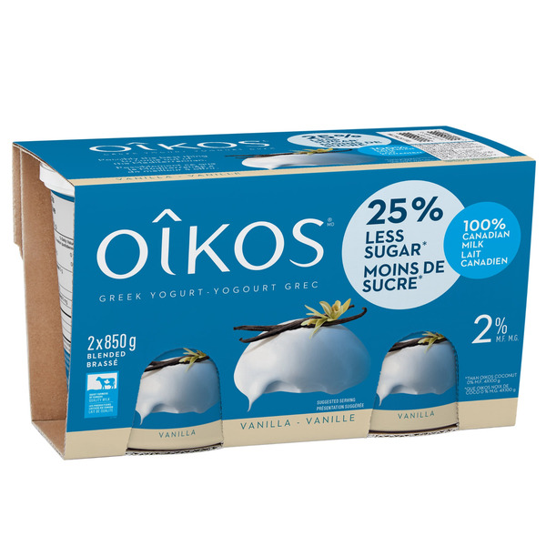Oikos 2% Vanilla Greek Yogurt With 25% Less Sugar 2 x 850 g