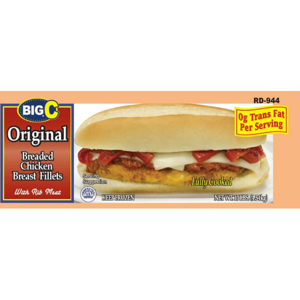 Frozen Big C - Fully Cooked, Original Breaded Chicken Breast Filets - 10 lbs - 39 ct avg