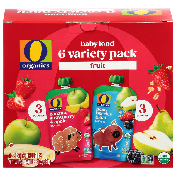 O Organics Fruit Banana, Strawberry & Apple/Pear, Berries & Oat Baby Food Variety Pack