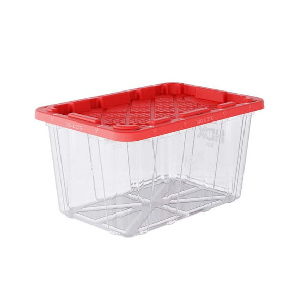 HDX 27 Gal. Tough Storage Tote In Clear With Red Lid
