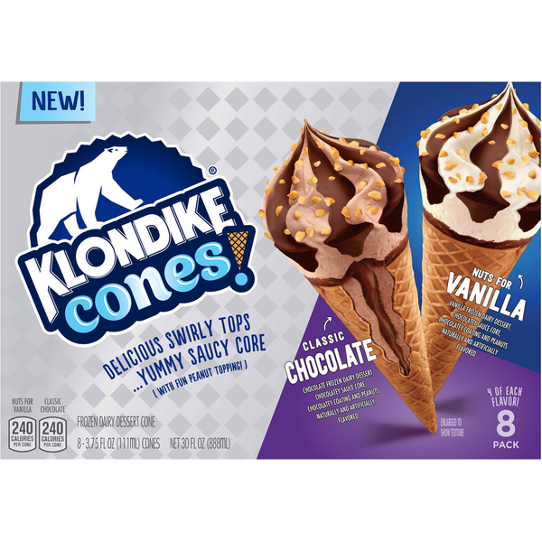 Klondike Frozen Dairy Dessert Cone, Classic Chocolate/Nuts for Vanilla, 8 Pack
