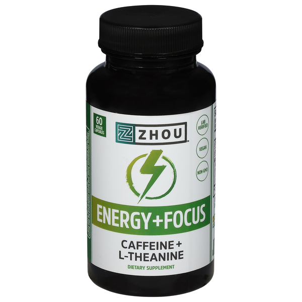 Zhou Caffeine + L-Theanine, Energy + Focus, Veggie Capsules Same