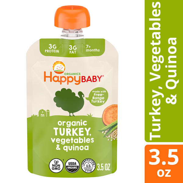 Happy Baby Organics Organics Savory Blends Stage 3 Baby Food Puree, Free-Range Turkey, Harvest Vegetables & Quinoa Skillet Pouches, 3.5 oz.