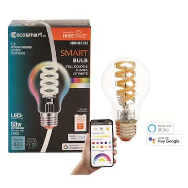 Ecosmart 60-watt Equivalent Smart A-19 Clear Color Changing Cec Led Light Bulb With Voice Control (1-bulb) Powered By Hubspace