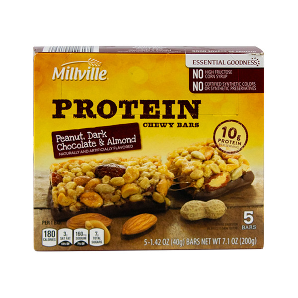 Millville Peanut Almond Dark Chocolate Protein Chewy Bars 6-count box, Aldi private label