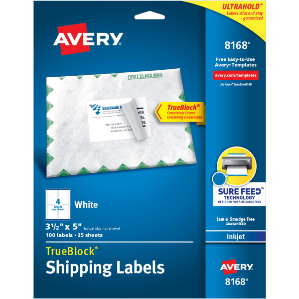 Avery 5" x 3-1/2" TrueBlock White Inkjet Shipping Labels 8168