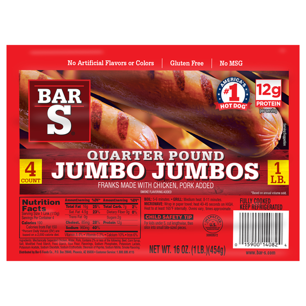 Bar-S Quarter Pound Jumbo Jumbos Franks Same-Day Delivery
