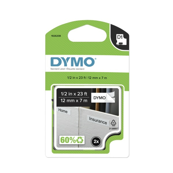 DYMO 1/2" Black on White Standard D1 Label Tape